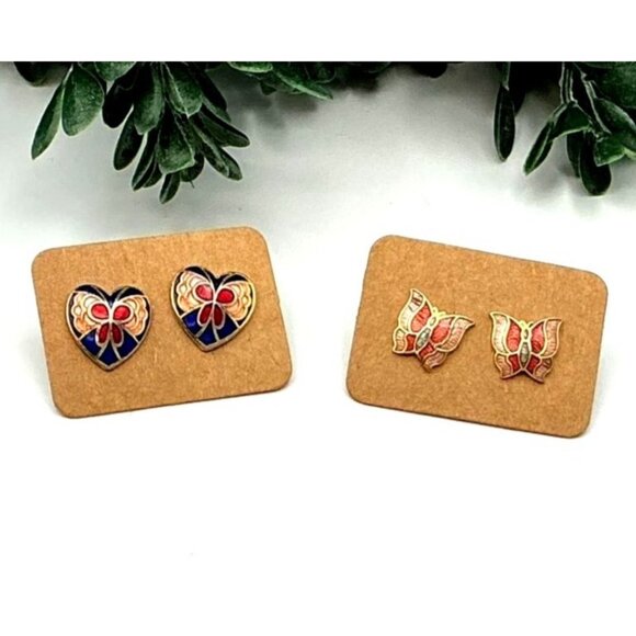 Cloisonne Butterfly and Heart Enamel Stud Earrings Gold-Tone Accents - Picture 1 of 3